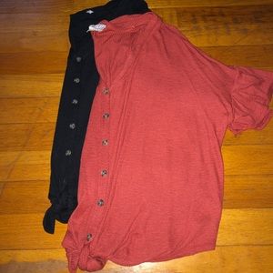 Red and Black Button Up Tie Blouses